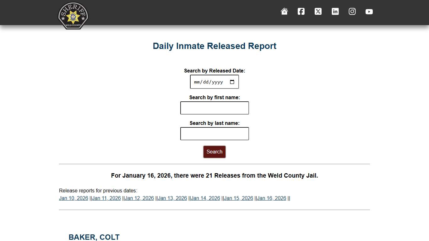 Weld County: Sheriff's Office Inmate Released Report